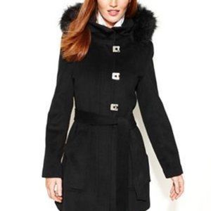 Calvin Klein Faux Fur Trim Wool Walker Coat